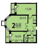 Двухкомнатная квартира 73.3 м²