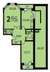 Двухкомнатная квартира 111.65 м²